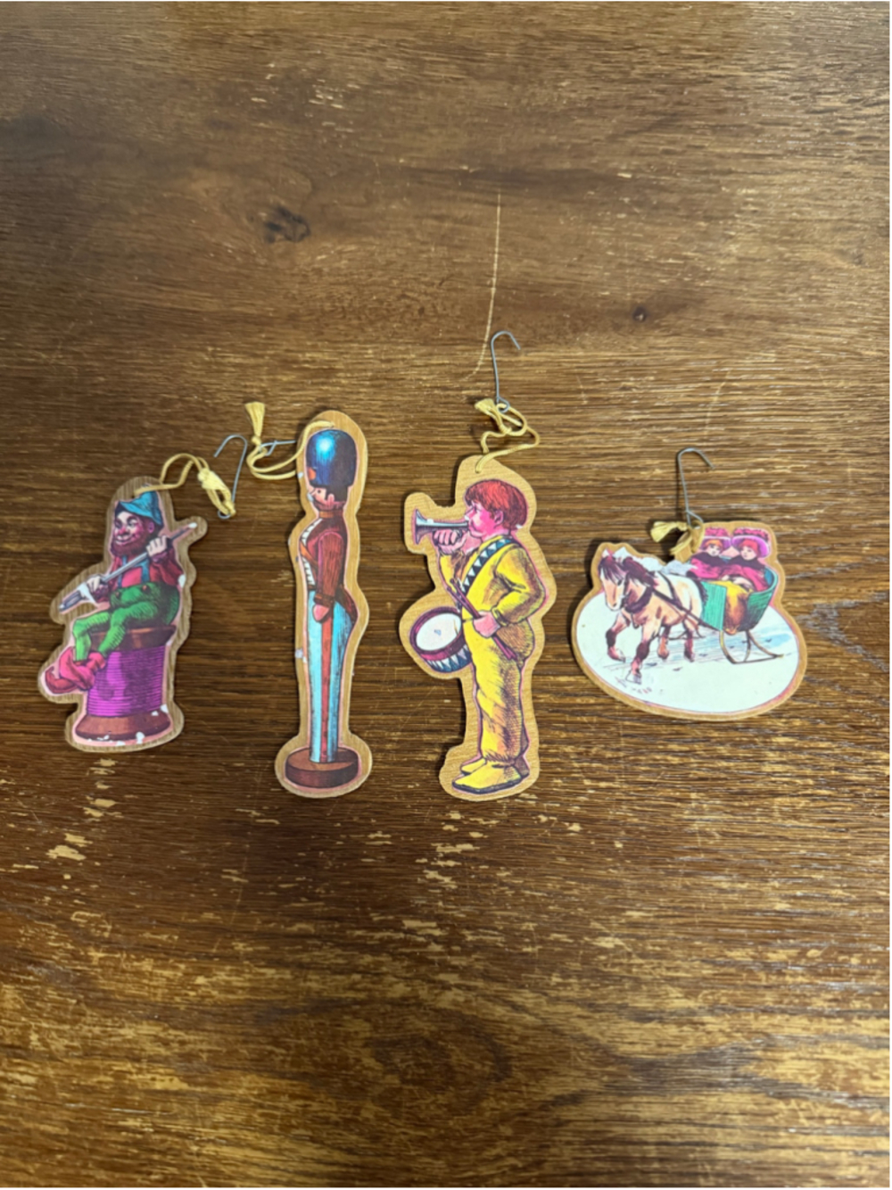 Vintage Wooden Christmas Ornaments Set of 4 Victorian Figures Sleigh Drummer